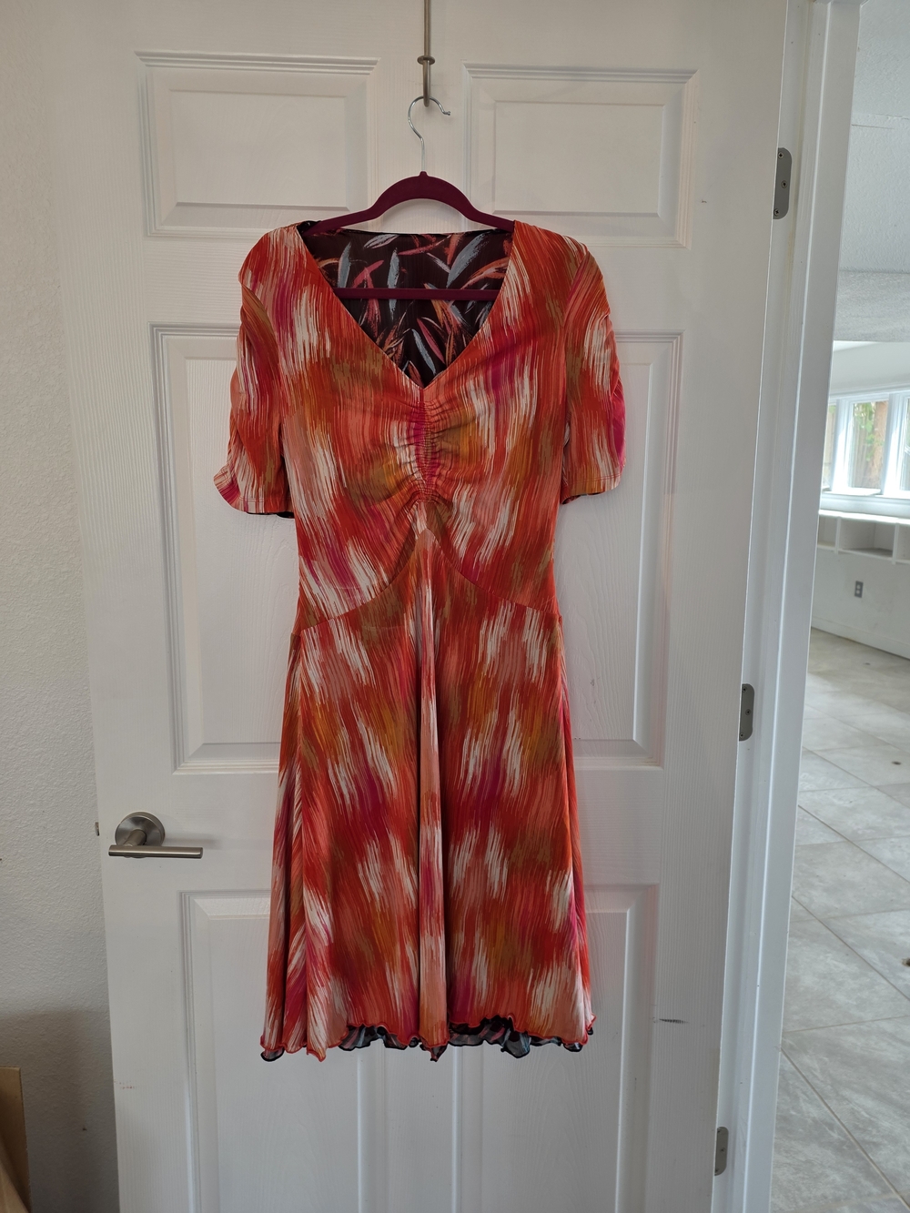 IMAN Reversable Red and Pink Abstract V-Neck Midi Dress. Size Large